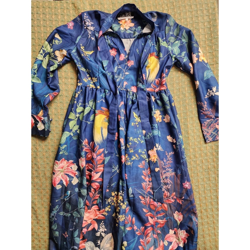 Dalia Macphee Maxi Dress Navy Floral Long Sleeve Tie Neck Small Birds